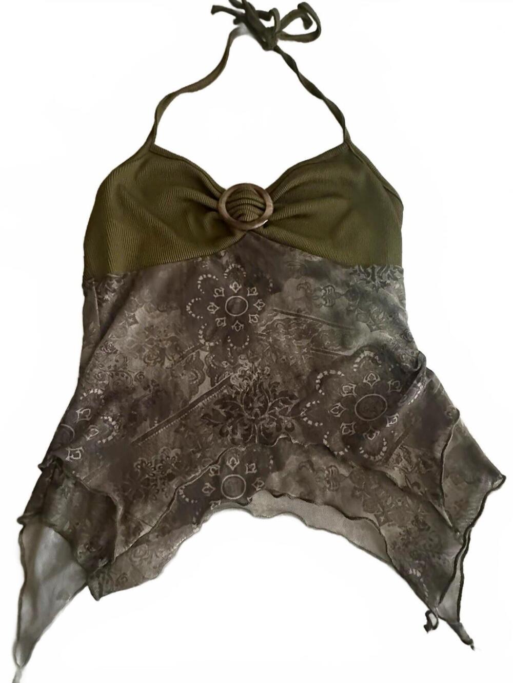 Fairy grunge Green burnout Mesh Sheer Stretch asymmetrical Halter Top Sz s